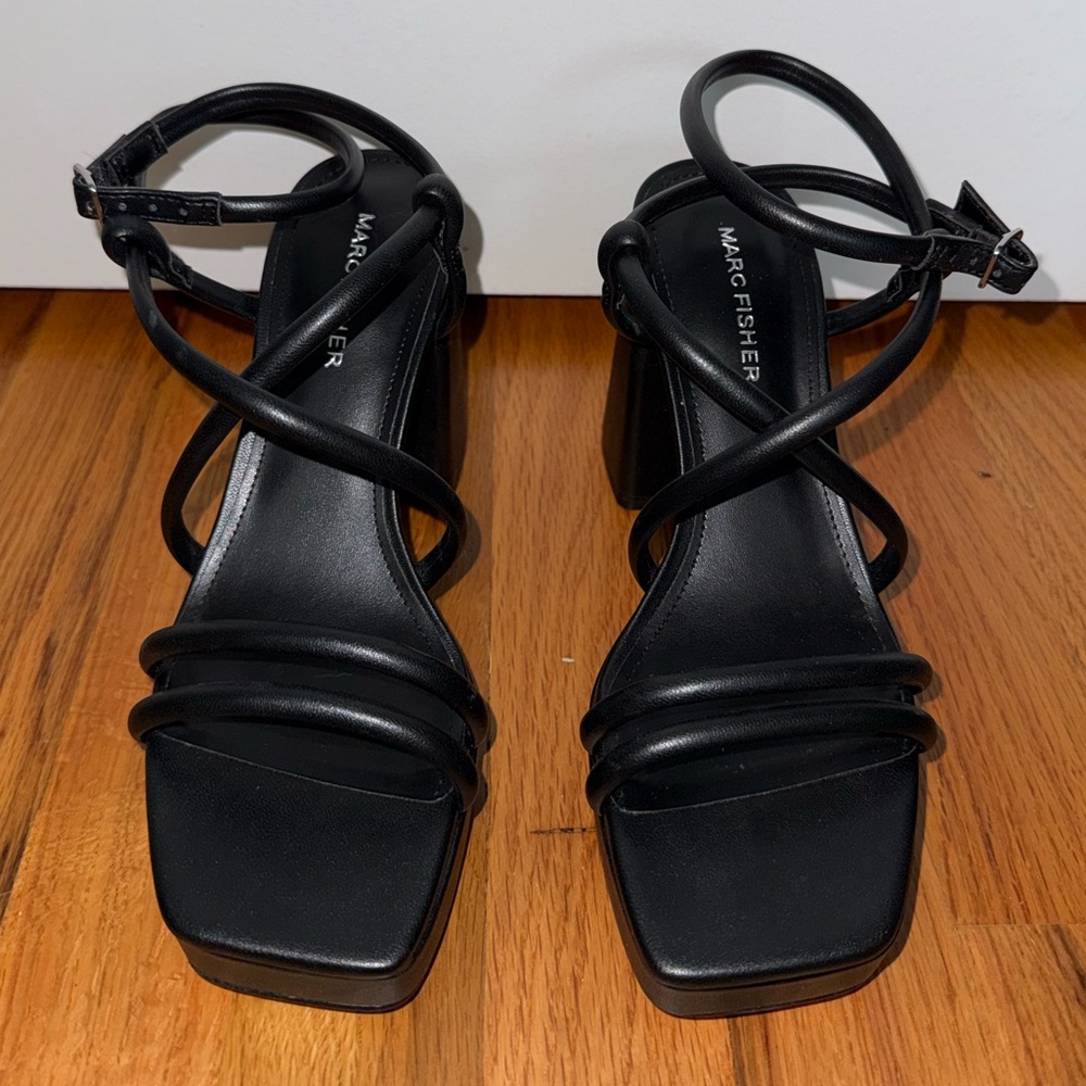 Marc Fisher Black Strappy Square-Toe Block Heels